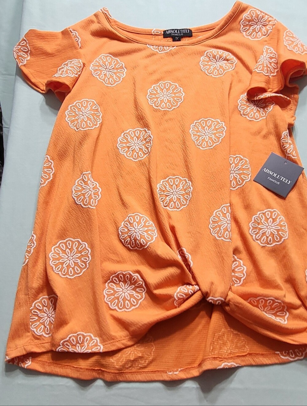 Ecclectic Aunty Orange Short Sleeve Knot-Front Yop with White Medallions, 1X